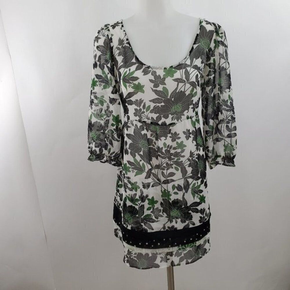 Fei Dress XS Sheer‎ Green Black Floral Long Sleeve